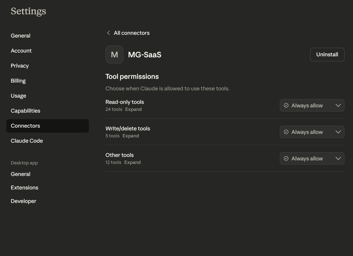Tool permissions configuration panel